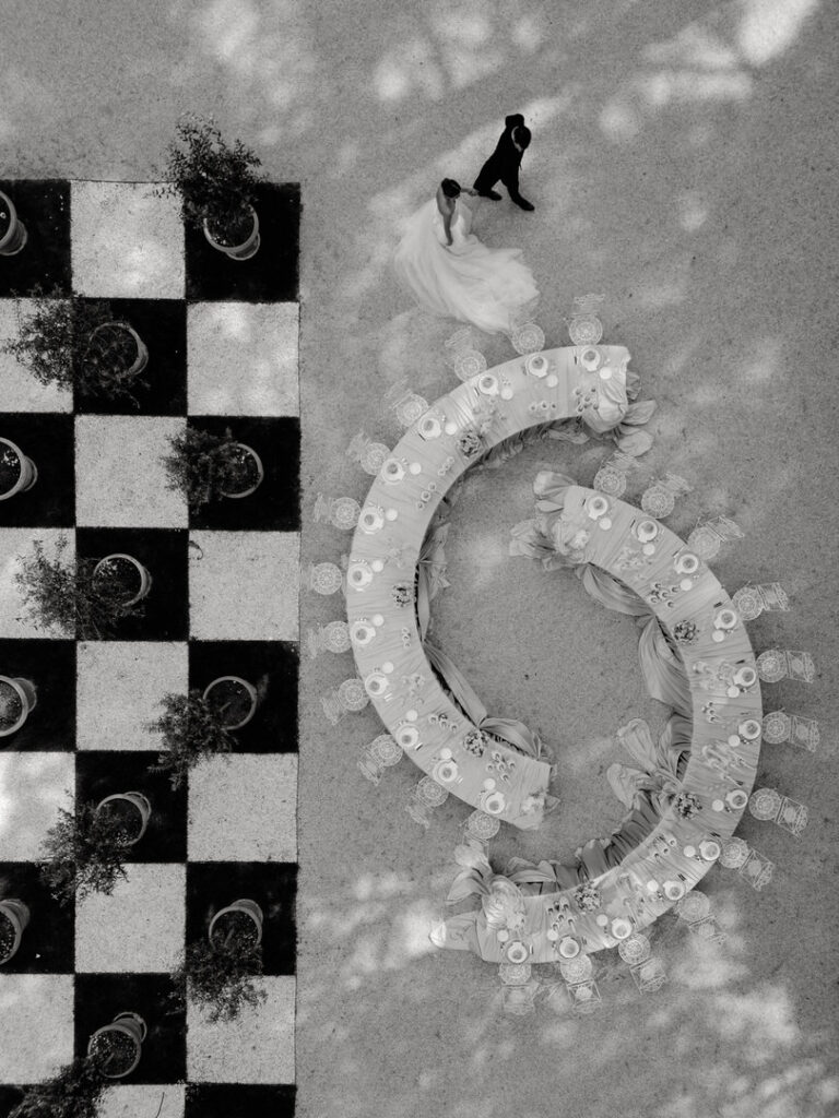 creative editorial wedding table setting drone