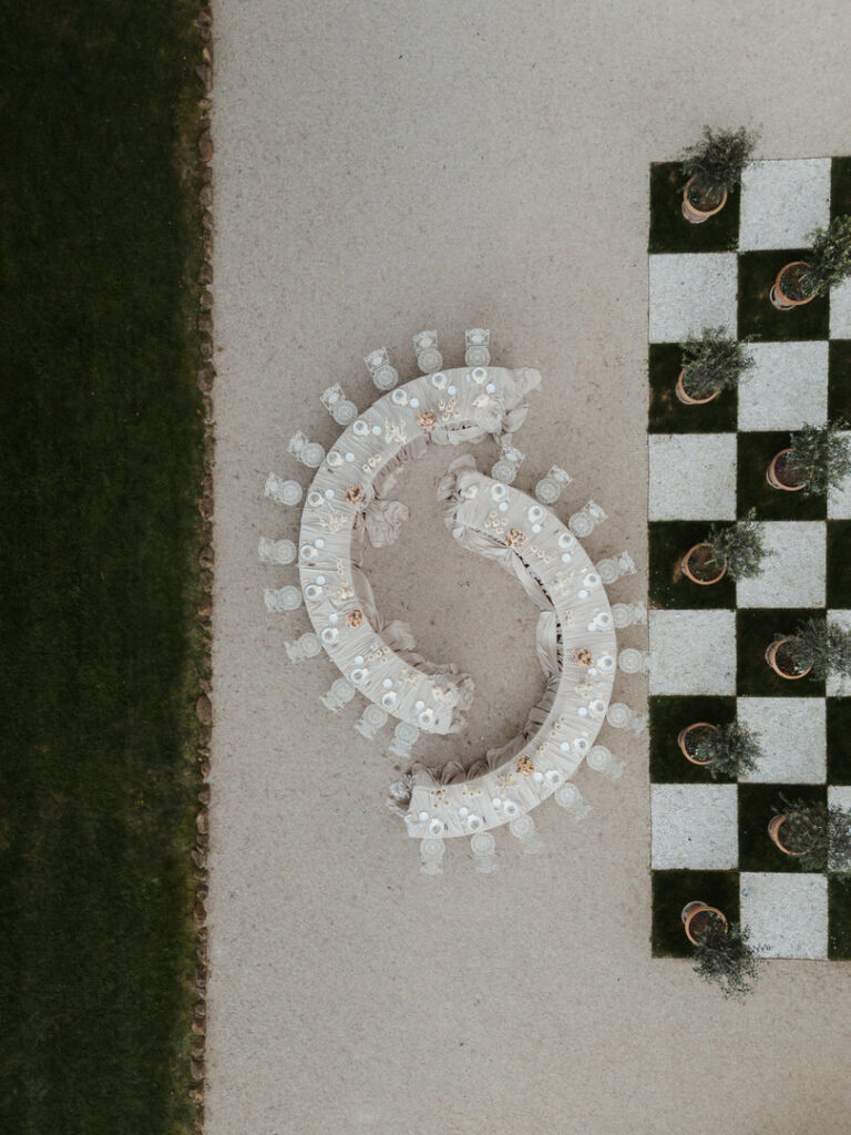 creative editorial wedding table setting drone shot