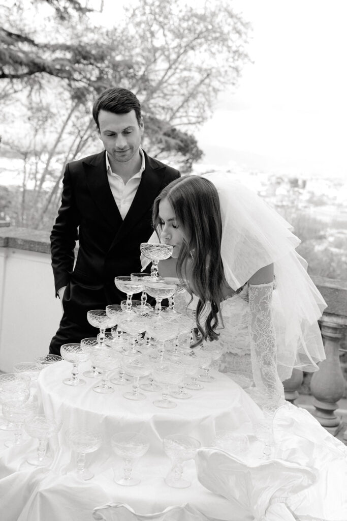 couple with champagne fountain